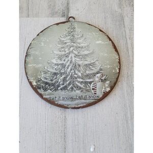 Let it snow metal Circle snow scene rustic ornament Xmas